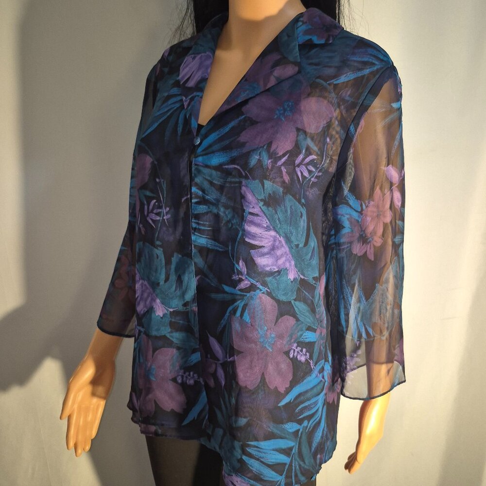 Virgo ** beautiful sheer cardigan top, black-purple-turquoise in size 10